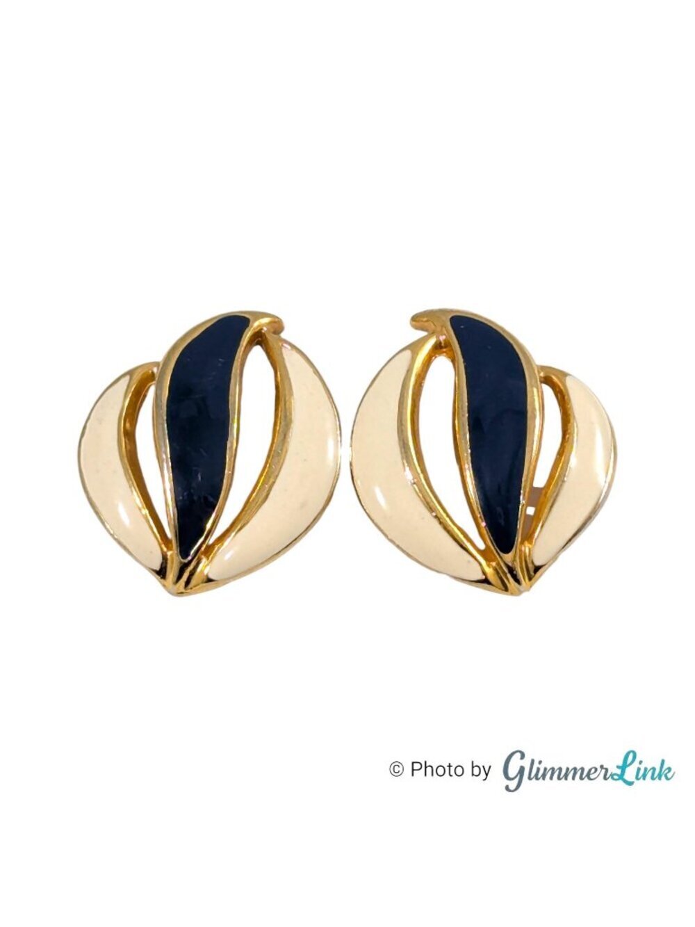 Vintage 80s Navy & Cream Enamel Feather Wave Gold Tone Stud Pierced Earrings